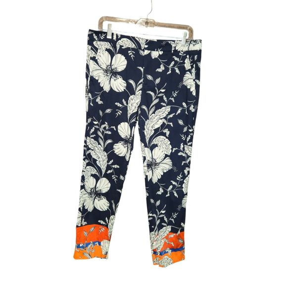 Zara Womens Size 6 Pants Stretch Navy Tropical Floral Color Block Cropped Ankle - Picture 1 of 14